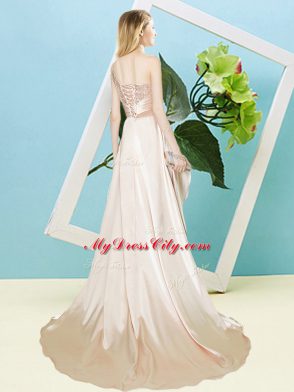 Stylish One Shoulder Sleeveless Lace Up Prom Gown Apple Green Elastic Woven Satin and Sequined