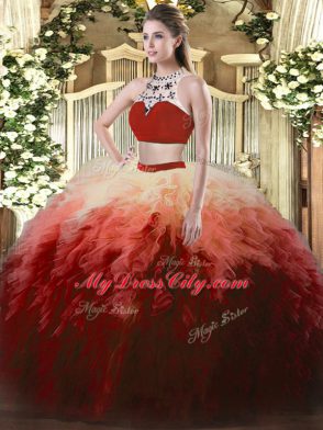 Stunning Floor Length Multi-color 15th Birthday Dress Tulle Sleeveless Beading and Ruffles