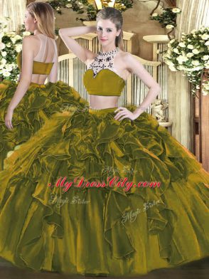 Olive Green 15th Birthday Dress Military Ball and Sweet 16 and Quinceanera with Beading and Ruffles High-neck Sleeveless Backless