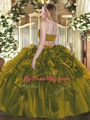 Olive Green 15th Birthday Dress Military Ball and Sweet 16 and Quinceanera with Beading and Ruffles High-neck Sleeveless Backless
