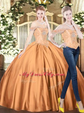 Fabulous Off The Shoulder Sleeveless Sweet 16 Dresses Floor Length Beading Brown Tulle