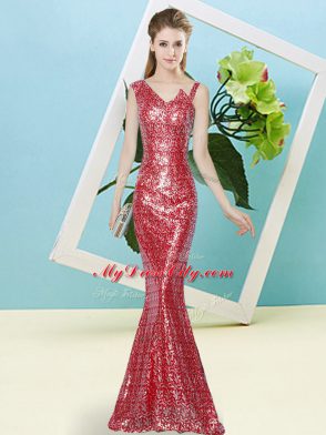 Red Sequined Zipper Prom Party Dress Sleeveless Floor Length Sequins