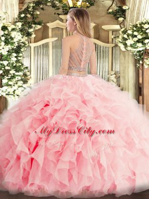 Latest Sleeveless Organza Floor Length Zipper Sweet 16 Dresses in Lavender with Beading and Ruffles