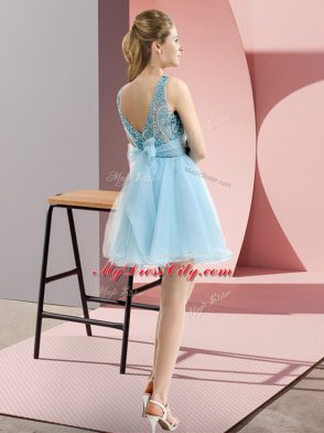 Apple Green Zipper Evening Dress Beading and Bowknot Sleeveless Mini Length
