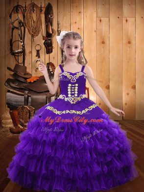 Organza Sleeveless Floor Length Little Girls Pageant Dress and Beading and Embroidery and Ruffled Layers