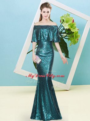 Artistic Teal Mermaid Sequined Off The Shoulder Sleeveless Sequins Floor Length Zipper Prom Gown