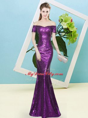 Unique Sequined Off The Shoulder Short Sleeves Zipper Sequins Prom Dresses in Purple