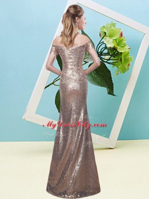 Unique Sequined Off The Shoulder Short Sleeves Zipper Sequins Prom Dresses in Purple