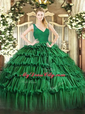 Dark Green Backless Sweet 16 Dress Beading and Lace and Ruffled Layers Sleeveless Floor Length
