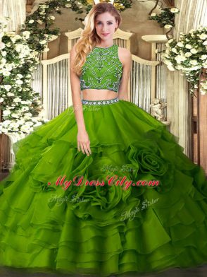 Great Sleeveless Tulle Floor Length Zipper 15 Quinceanera Dress in Olive Green with Beading and Ruffled Layers