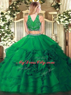 Great Sleeveless Tulle Floor Length Zipper 15 Quinceanera Dress in Olive Green with Beading and Ruffled Layers