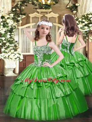Admirable Floor Length Lace Up Pageant Dress for Womens Green for Party and Quinceanera with Appliques and Ruffled Layers
