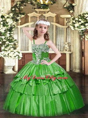 Admirable Floor Length Lace Up Pageant Dress for Womens Green for Party and Quinceanera with Appliques and Ruffled Layers