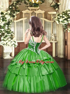 Admirable Floor Length Lace Up Pageant Dress for Womens Green for Party and Quinceanera with Appliques and Ruffled Layers