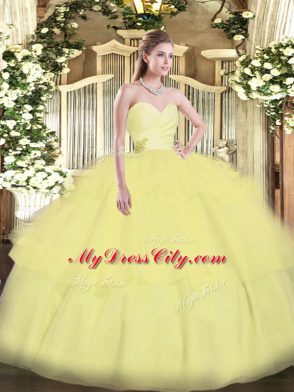 Graceful Organza Sweetheart Sleeveless Lace Up Beading and Ruffled Layers Quinceanera Dress in Light Yellow