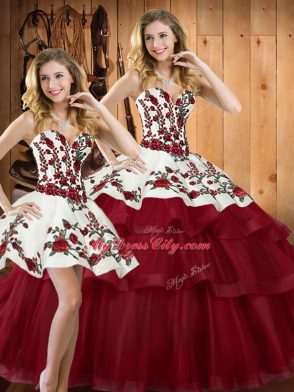 Latest Wine Red Sweetheart Neckline Embroidery Vestidos de Quinceanera Sleeveless Lace Up