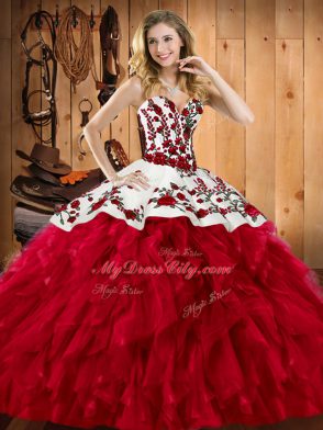 Wine Red Lace Up Quinceanera Gown Embroidery and Ruffles Sleeveless Floor Length