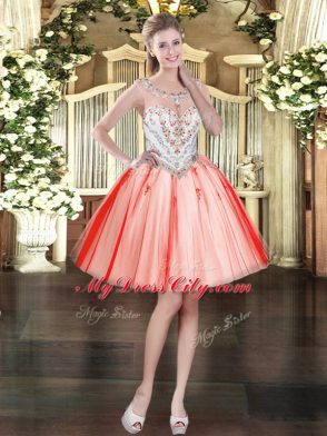 Coral Red Tulle Zipper Scoop Sleeveless Mini Length Prom Party Dress Beading and Appliques