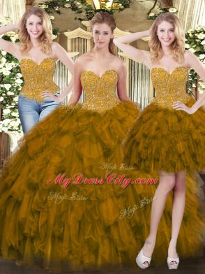 Olive Green Sweetheart Neckline Beading and Ruffles Sweet 16 Quinceanera Dress Sleeveless Lace Up