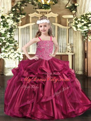 New Style Sleeveless Organza Floor Length Lace Up Kids Formal Wear in Fuchsia with Beading and Ruffles