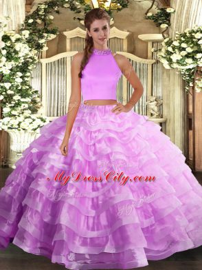 Delicate Lilac Two Pieces Organza Halter Top Sleeveless Beading and Ruffled Layers Floor Length Backless Vestidos de Quinceanera