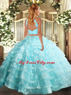 Delicate Lilac Two Pieces Organza Halter Top Sleeveless Beading and Ruffled Layers Floor Length Backless Vestidos de Quinceanera