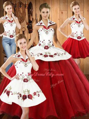 White And Red Sleeveless Organza Lace Up Ball Gown Prom Dress for Military Ball and Sweet 16 and Quinceanera
