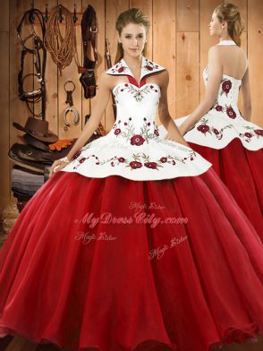 White And Red Sleeveless Organza Lace Up Ball Gown Prom Dress for Military Ball and Sweet 16 and Quinceanera