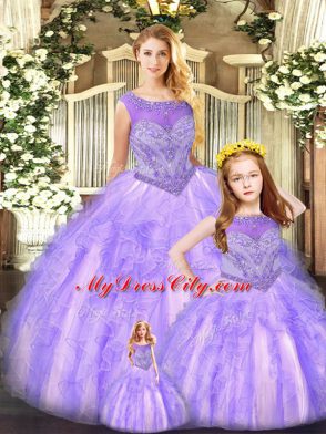 Lavender Sweet 16 Dress Military Ball and Sweet 16 and Quinceanera with Beading and Ruffles Scoop Sleeveless Lace Up