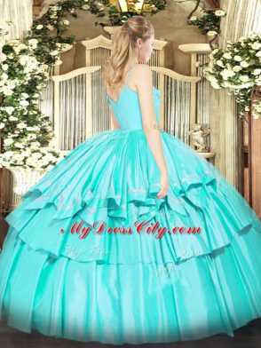Chic Green Spaghetti Straps Zipper Ruffled Layers Quinceanera Gown Sleeveless