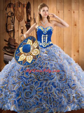 Amazing Satin and Fabric With Rolling Flowers Sleeveless With Train Quinceanera Dress Sweep Train and Embroidery
