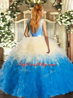 Flirting Floor Length Backless Quinceanera Gowns Multi-color for Military Ball and Sweet 16 and Quinceanera with Lace and Ruffles