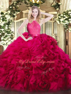 Hot Pink Sleeveless Floor Length Lace Zipper Ball Gown Prom Dress