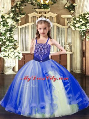 Tulle Straps Sleeveless Lace Up Beading Pageant Dress for Girls in Royal Blue