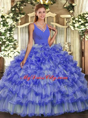 Graceful Blue Backless Vestidos de Quinceanera Beading and Ruffled Layers Sleeveless Floor Length