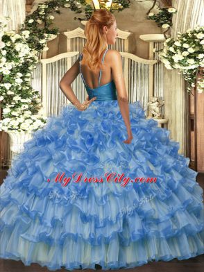 Graceful Blue Backless Vestidos de Quinceanera Beading and Ruffled Layers Sleeveless Floor Length