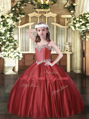 Wine Red Satin Lace Up Straps Sleeveless Floor Length Little Girls Pageant Gowns Beading