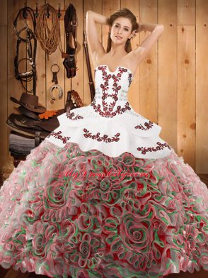 Customized Sleeveless Satin and Fabric With Rolling Flowers With Train Sweep Train Lace Up Sweet 16 Dresses in Multi-color with Embroidery