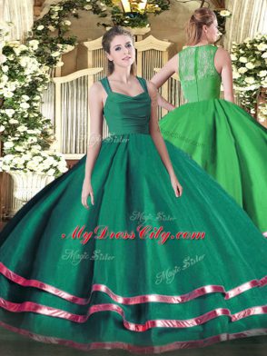 Glittering Straps Sleeveless Quinceanera Dresses Floor Length Ruffled Layers Turquoise Organza