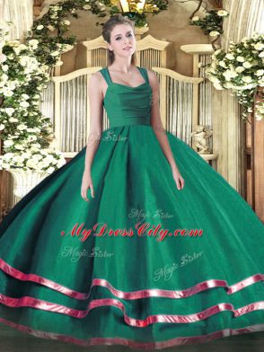 Glittering Straps Sleeveless Quinceanera Dresses Floor Length Ruffled Layers Turquoise Organza