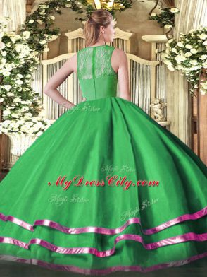 Glittering Straps Sleeveless Quinceanera Dresses Floor Length Ruffled Layers Turquoise Organza