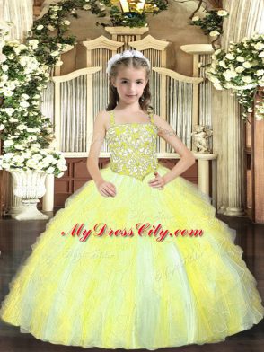 Fancy Beading and Ruffles Little Girls Pageant Gowns Yellow Green Lace Up Sleeveless Floor Length