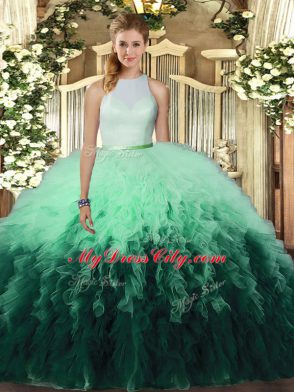 Trendy Ruffles 15th Birthday Dress Multi-color Backless Sleeveless Floor Length
