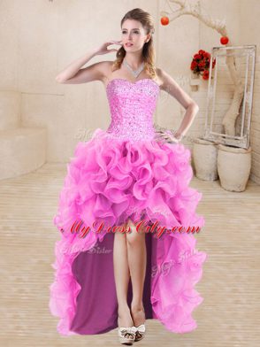 Delicate Floor Length Lace Up Quinceanera Dress Rose Pink for Sweet 16 and Quinceanera with Beading and Ruffles