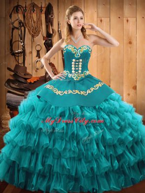 Teal Sweetheart Lace Up Embroidery and Ruffled Layers Sweet 16 Quinceanera Dress Sleeveless