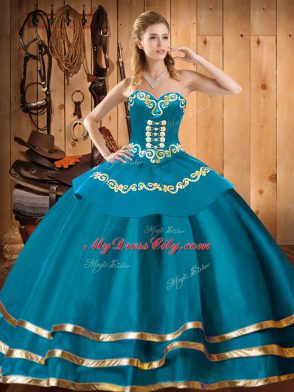 Embroidery Sweet 16 Dresses Teal Lace Up Sleeveless Floor Length