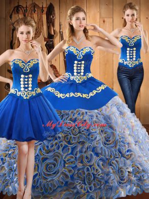Luxurious Multi-color Lace Up Sweetheart Embroidery 15th Birthday Dress Satin and Fabric With Rolling Flowers Sleeveless Sweep Train