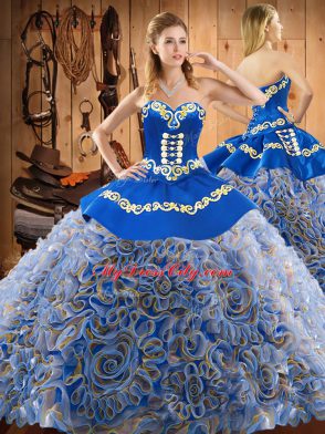 Luxurious Multi-color Lace Up Sweetheart Embroidery 15th Birthday Dress Satin and Fabric With Rolling Flowers Sleeveless Sweep Train