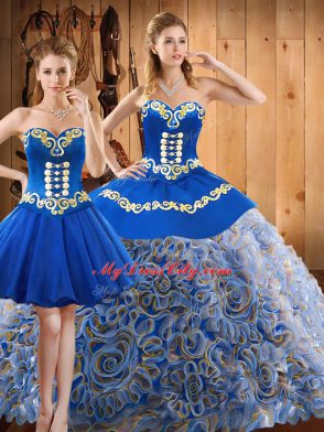 Luxurious Multi-color Lace Up Sweetheart Embroidery 15th Birthday Dress Satin and Fabric With Rolling Flowers Sleeveless Sweep Train