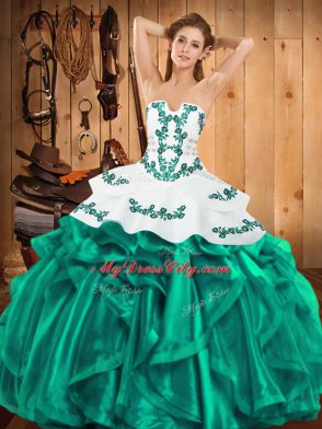 Customized Turquoise Sleeveless Embroidery and Ruffles Floor Length Sweet 16 Dresses